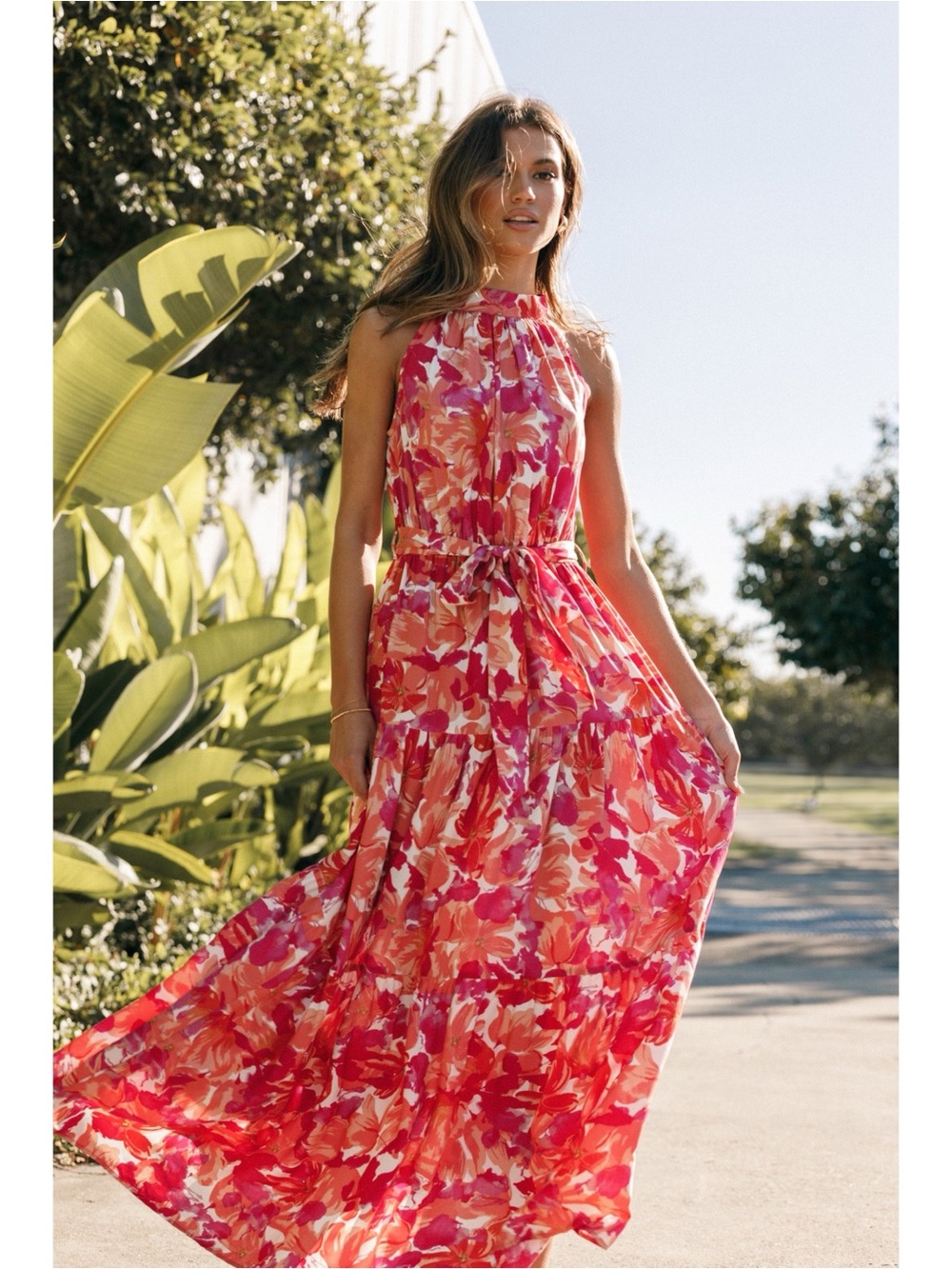 PETAL & PUP Caroline Floral Maxi Halter Dress in Red Orange